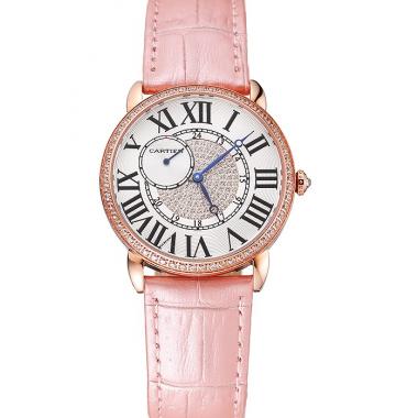 Cartier Ronde Louis Gold Diamond Case White Dial Pink Leather Bracelet 1454007