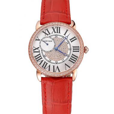 Cartier Ronde Louis Gold Diamond Case White Dial Red Leather Bracelet 1454005