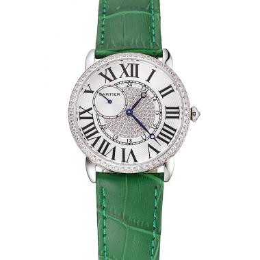 Replica Cartier Ronde Louis Silver Diamond Case White Dial Green Leather Bracelet 1454012