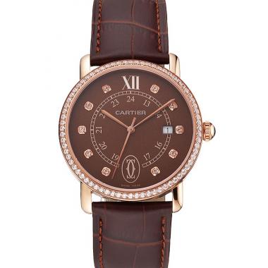 Cheap Cartier Ronde Solo Brown Dial Diamond Hour Marks And Bezel Rose Gold Case Brown Leather Strap