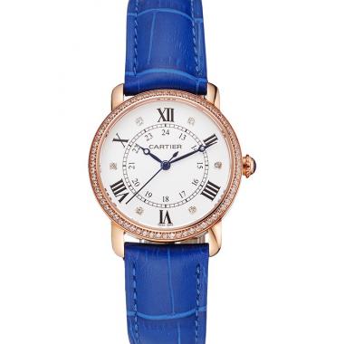 Replica Cartier Ronde White Dial Diamond Bezel Rose Gold Case Blue Leather Strap