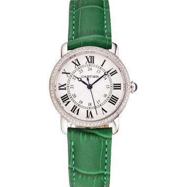 Cartier Ronde White Dial Diamond Bezel Stainless Steel Case Green Leather Strap