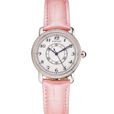 Replica Cartier Ronde White Dial Diamond Bezel Stainless Steel Case Pink Leather Strap