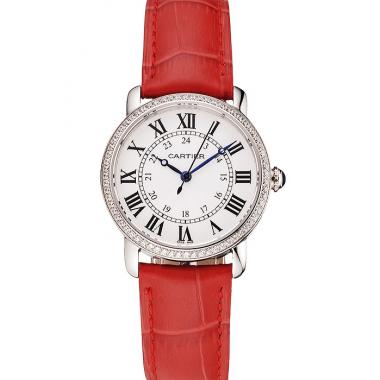 Replica Cartier Ronde White Dial Diamond Bezel Stainless Steel Case Red Leather Strap