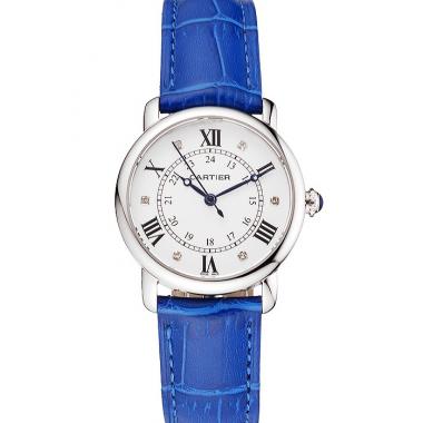 Cartier Ronde White Dial Diamond Hour Marks Stainless Steel Case Blue Leather Strap Replica