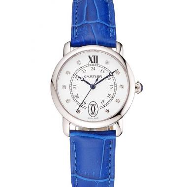 Cheap Cartier Ronde White Dial Diamond Hour Marks Stainless Steel Case Blue Leather Strap