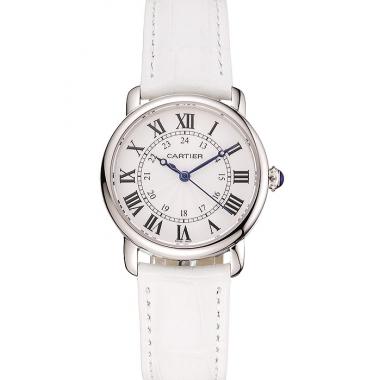 Cartier Ronde White Dial Stainless Steel Case White Leather Strap