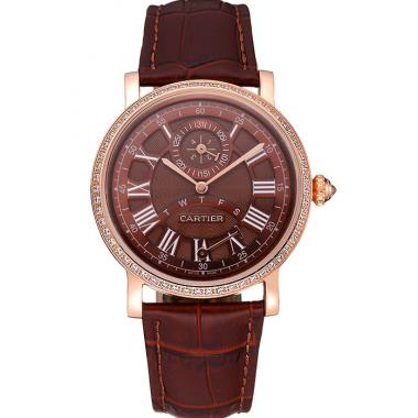 Cartier Rotonde Brown Dial Gold Case With Jewels Brown Leather Strap  622759 Replica