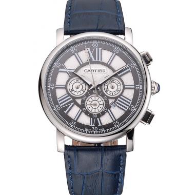 Cartier Rotonde Chronograph Black And White Dial Stainless Steel Case Blue Leather Strap