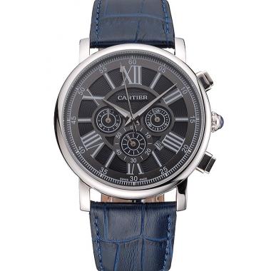 Replica Cartier Rotonde Chronograph Black Dial Stainless Steel Case Blue Leather Strap