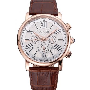 Cheap Cartier Rotonde Chronograph White Dial Rose Gold Case Brown Leather Strap