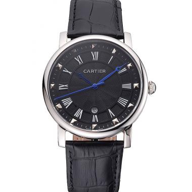 Cartier Rotonde Date Black Dial Stainless Steel Case Black Leather Strap