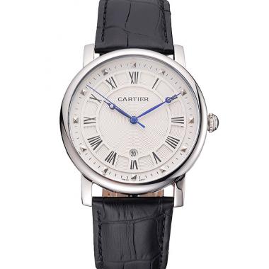 Replica Cartier Rotonde Date White Dial Stainless Steel Case Black Leather Strap