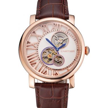 Cheap Cartier Rotonde De Cartier Flying Tourbillon White Dial Rose Gold Numerals Rose Gold Case Brown Leather Strap