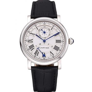 Cartier Rotonde White Dial Stainless Steel Case Black Leather Strap  622757