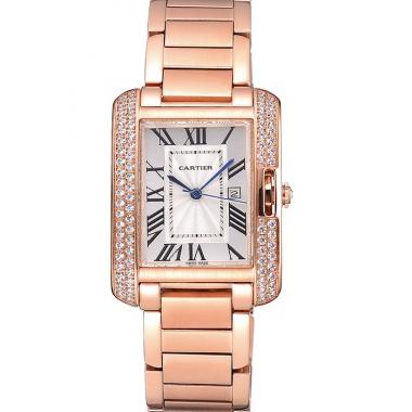 Cartier Tank Anglaise 30mm White Dial Diamonds Rose Gold Case Rose Gold Bracelet