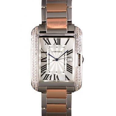 Cartier Tank Anglaise 36mm Silver Dial Diamonds Steel Case Two Tone Bracelet Replica