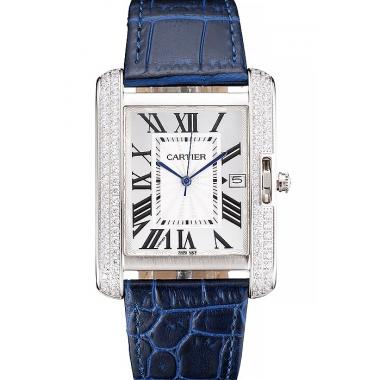 Cartier Tank Anglaise 36mm White Dial Diamonds Steel Case Blue Leather Bracelet