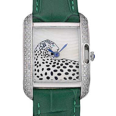 Cartier Tank Anglaise White Tiger Dial Diamonds Steel Case Green Leather Bracelet