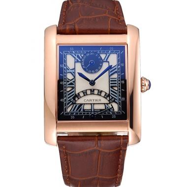 Cheap Cartier Tank Black Dial Rose Gold Case Brown Leather Strap  622765