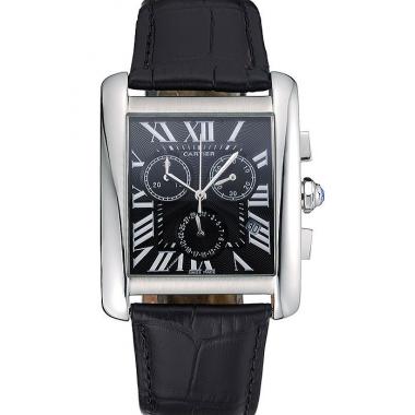 Cartier Tank MC Black Dial Stainless Steel Case Black Leather Bracelet  622690