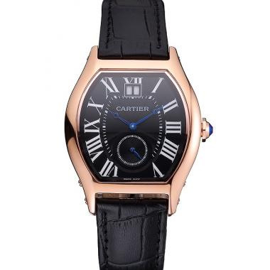 Cartier Tortue Large Date Black Dial Gold Case Black Leather Strap