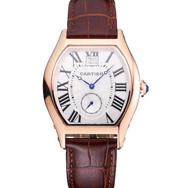 Replica Cartier Tortue Large Date White Dial Gold Case Brown Leather Strap