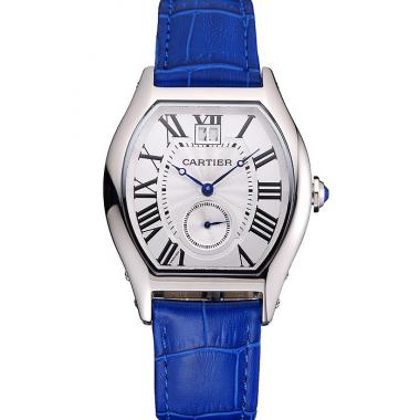 Cheap Cartier Tortue Large Date White Dial Stainless Steel Case Blue Leather Strap