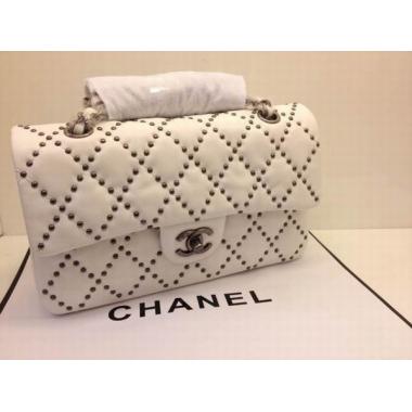 Quality Chanel Leather Rivet White Handbag  Flap