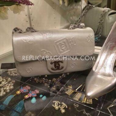 Cheap Chanel  Flap Embossing Silver Leather Handbag