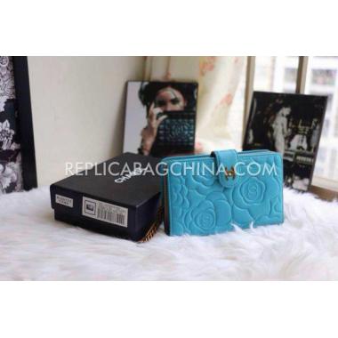 Chanel Calfskin Purse Wallet Cyan Camellia Pattern Blue