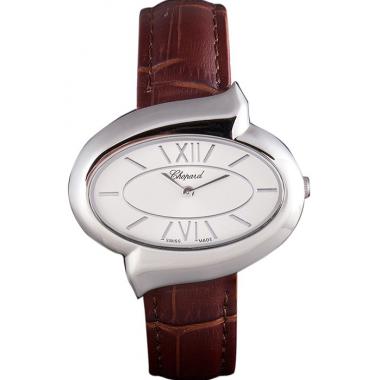 Replica Chopard  Silver Bezel with White Dial and Brown Leather Strap  621546