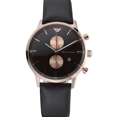 Emporio Armani  Chronograph Black Dial Rose Gold Case Black Leather Bracelet  622333