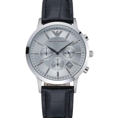 Emporio Armani  Chronograph Silver Dial Black Leather Bracelet  622339