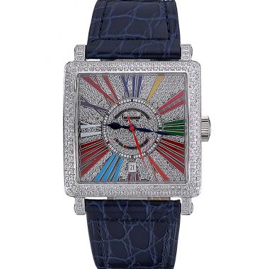 Cheap Franck Muller Master Square Color Dreams Diamonds Dial Diamonds Case Blue Leather Strap  622359