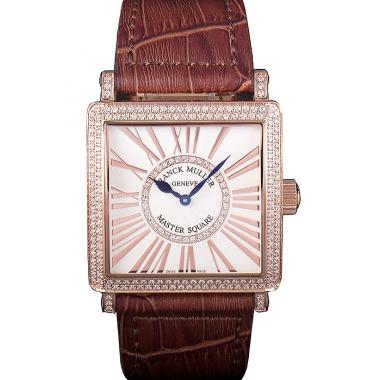 Franck Muller Master Square Diamond Encrusted Rose Gold Bezel Brown Croco Bracelet 80283