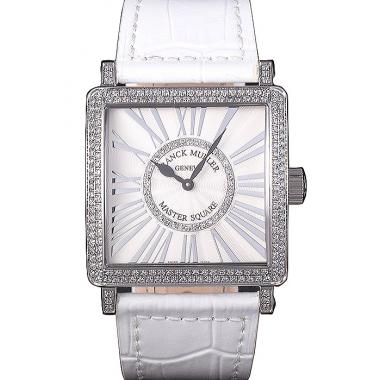 Franck Muller Master Square Diamond Encrusted Stainless Steel Bezel White Croco Bracelet 80284