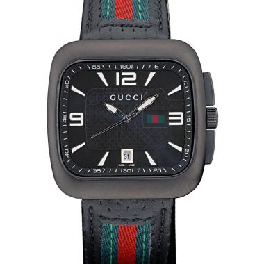 Cheap Gucci Black Leather Strap Black Ceramic Bezel Black Dial 80220