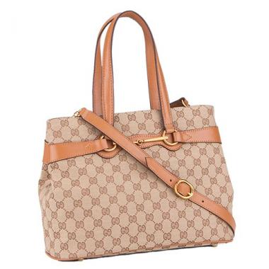 Gucci Bright Bit GG Canvas Cognac Leather Trim  Handle Tote