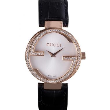 Gucci Interlocking Rose Gold Bezel with Diamonds and Black Leather Band  621514 Replica