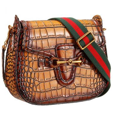 Gucci Lady Web Medium Shoulder Bag Crocodile Leather Brown