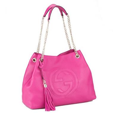 Gucci Large Soho Leather Shoulder Bag with Chain Straps Bright Pink