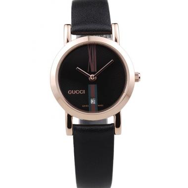 Gucci Polished Rose Gold Bezel Black Dial Black Leather Strap