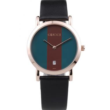 Gucci Polished Rose Gold Bezel Dark Green Dial Black Leather Strap