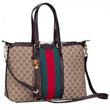 Gucci Rania Web GG Canvas with Brown Leather Trim  Handle Tote