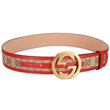 Gucci Red Leather Belt with Golden Interlocking G Buckle Replica