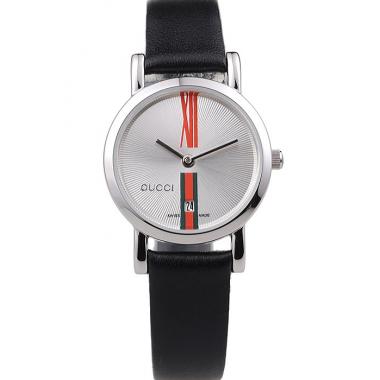 Gucci Small Polished Stainless Steel Bezel White Dial Black Leather Strap