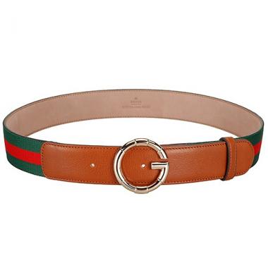 Cheap Gucci Web Brown Leather Belt with Golden Rimmed Buckle