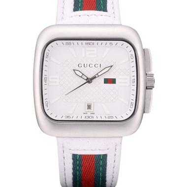 Gucci White Leather Strap Polished Stainless Steel Bezel White Dial 80218