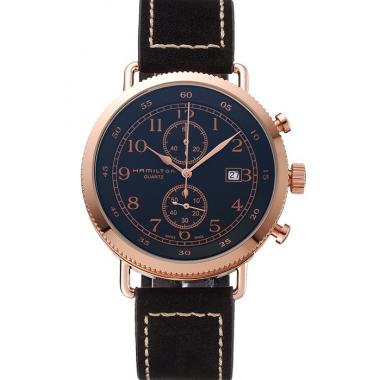 Cheap Hamilton Navy Pioneer Chrono Black Dial Rose Gold Case Black Leather Strap